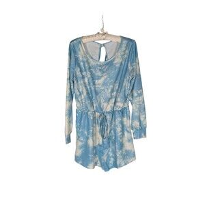 Women's Sz L Blue White Tie Dye Long Sleeve Keyhole Tie Back One Piece Romper